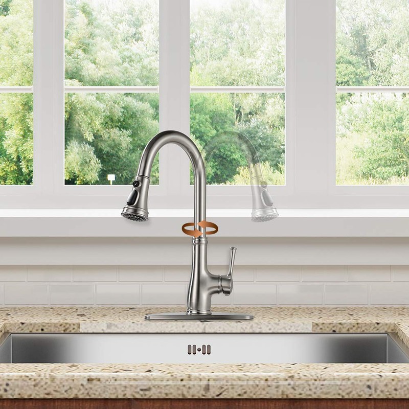 Kitchen Faucet-WEWE Single Handle Stainless Steel Brushed Nickel Pull Down