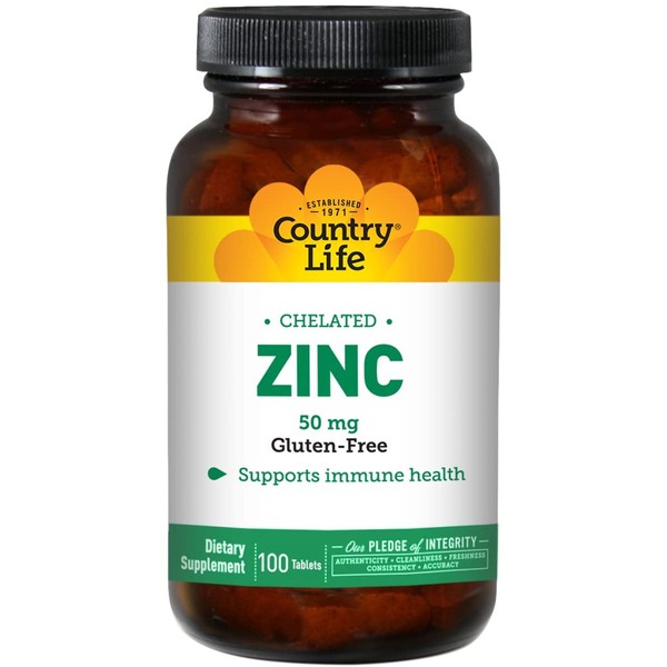 Country Life Zinc 50 mg (Amino Acid Chelate), Tablets, 100-Count