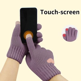 Feelorna Women's Winter Gloves, Women's Fashion Touchscreen Gloves, Cute Heart Pattern Thermal Gloves, Soft Warm Elastic Knitted Gloves for Work Outdoor Running Cycling, purple