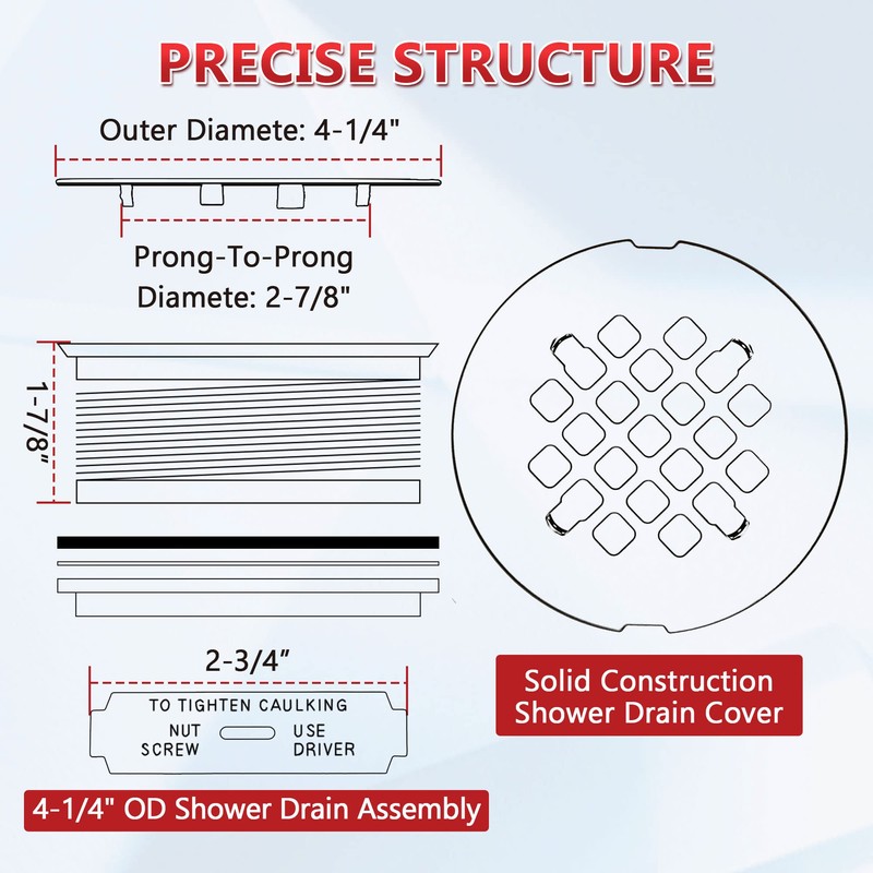 Enhon 4-1/4" OD Shower Drain Assembly, Snap in Shower Base