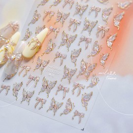 Butterfly Nail Art Stickers Decals Pink Shell Light Butterfly Nail Decals 1PCS 5D Embossed Jelly Butterfly Bow Design Nail Adhesive Stickers Nail Art Supplies for Women Spring DIY Nail Art Decorations