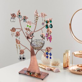 MyGift 14-Inch Modern Bronze Jewelry Organizer Tree with Bird Nest – Holds 48 Earrings, Necklace & Bracelet Stand, Metal Tabletop Display for Rings, Trinkets – Decorative Storage for Home Décor