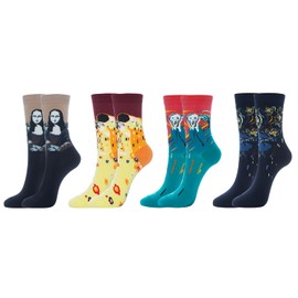 KONY Women's 4 Pairs Funny Famous Oil Painting Art Printed Casual Crew Socks, Artist Fashion Socks Size 6-9 (Famous Painting - 4 pairs)
