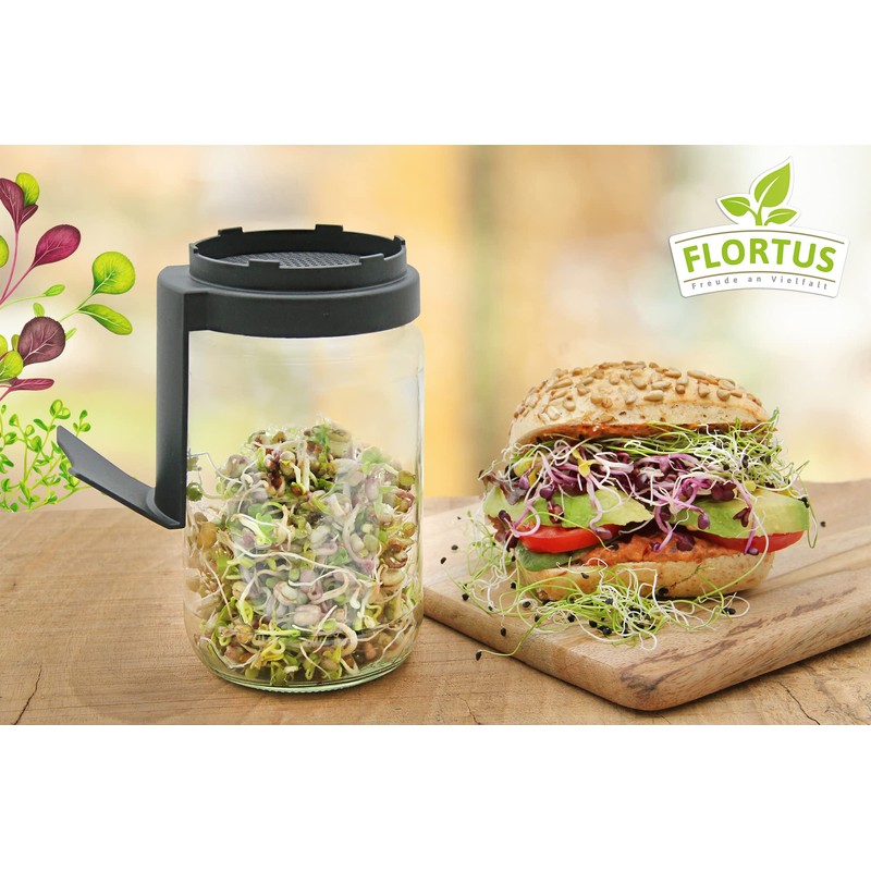FLORTUS Sprout Jar Set with Strainer Lid & Integrated Stand