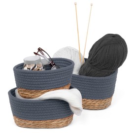 LIVIVO Tulla Seagrass Shelf Storage Baskets - 3-Piece Stackable Set, Decorative Rope Design, Versatile Home Organiser Bin For Living Room, Bedroom, Office, Bathroom, Underbed (SLATE)
