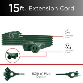 UltraPro Outdoor Extension Cord, 15 Ft, 3-Outlet Extension Cord Outdoor, Heavy Duty 3 Prong Extension Cord, 125 VAC Extension Cord with Multiple Outlets, Long Extension Cord, 1 Pack, Green, 67828