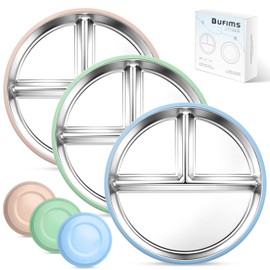Bufims 3 Pack Stainless Steel Baby Suction Plates – Divided Toddler Plates for Baby Led Weaning | Strong Non-Slip Silicone Base, Unbreakable, BPA-Free, Dishwasher Safe Feeding Set (Pink, Blue, Green)