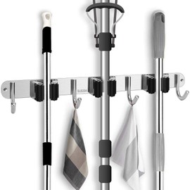 MaoXinTek Mop Holder Stainless Steel Wall Mount Broom Tool Holder with 4 Hooks and 3 Quick Release for Home Kitchen Bathroom Garage Garden