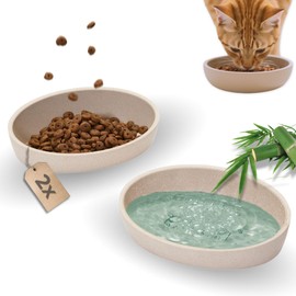 PiuPet® Cat Bowl Set of 2 I Feeding Bowl Cat Non-Slip I Bowl Cat Dishwasher Safe I Cat Feeding Bowl Flat and Wide I Bamboo Feeding Bowl I 230 ml I Beige/Grey