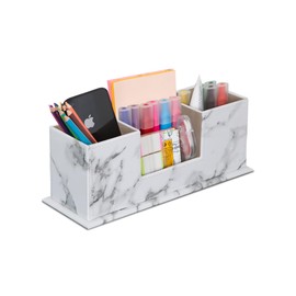 AINAK PU Leather Desk Organiser (4 Compartments) - Pen Holder, Desk Organiser for Office Supplies, Post-its, Notes, Business Cards and More (Grey) (White)