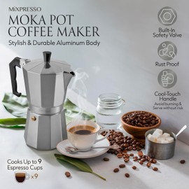 Mixpresso 9 Cup Moka Pot Cuban Coffee Maker, Moka Pot for Gas, Electric Stove Top, Classic Italian Coffee Maker, Stovetop Espresso Maker, Camping Pot Makes 9 Espresso Cup 14 Oz