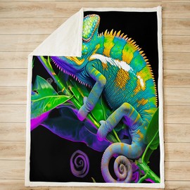 Feelyou Chameleon Sherpa Blanket Colorful Chameleon Fleece Throw Blanket Tropical Animal Plush Blanket for Bed Sofa Couch for Kids Boys Girls Wildlife Fuzzy Blanket Teens Room Decor Twin 60"x80"