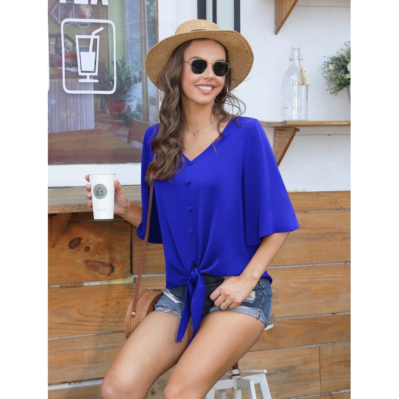 AWULIFFAN Women's Casual V Neck Batwing Sleeve Tops Tie Knot
