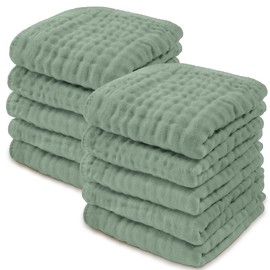 Baby Washcloths, Muslin Cotton Baby Towels 10 Pack -Large 10”x10” Wash Cloths Soft on Sensitive Skin, Absorbent for Boys & Girls, Newborn Baby & Toddlers Bibs & Burp Cloths Essentials Set, Fern
