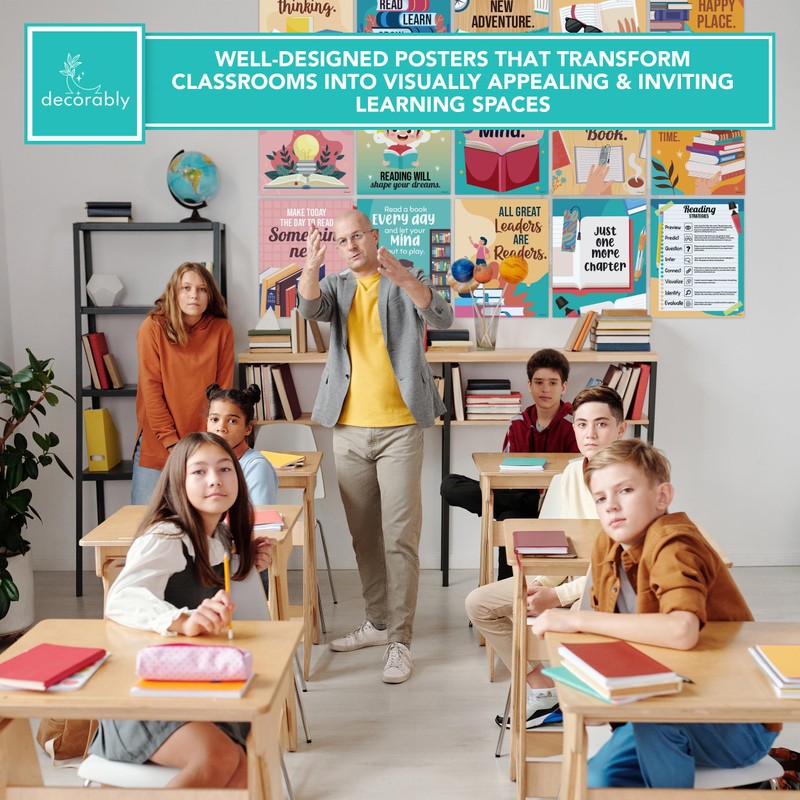 Decorably 15 Reading Posters for Classroom, Library Posters, 11x14in