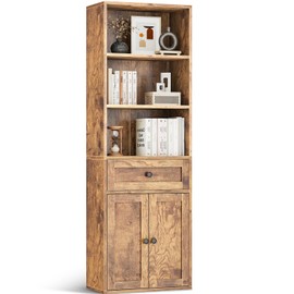 Casaottima Bookshelf and Bookcase with Doors and Drawer, Floor Standing 6-Tier Shelf Display Storage Shelves, Tall Bookcases for Home Office, Living Room, Vintage