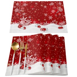 Merry Christmas Placemats Set of 6,Cotton Linen Table Mats Non-Slip Washable Xmas Ball Ornaments Snow Red Placemat for Holiday Party Dining Snowflake Kitchen Table Decor