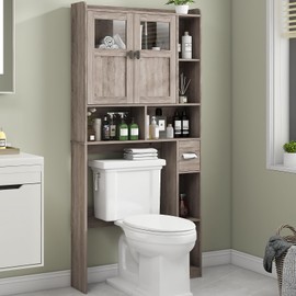Vabches Over The Toilet Storage Cabinet, Bathroom Shelf Over Toilet with Glass Doors and Adjustable Shelves, Grey Freestanding Home Space Save Toilet Rack, for Restroom, Bathroom, Laundry