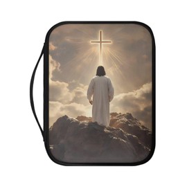 Cadowhimsy Vintage Jesus Cross Print Bible Covers with Handle PU Leather Bible Case with Zipper Pocket Church Bible Bag Book Cover Scripture Protector with Zipper Pocket for Prayer
