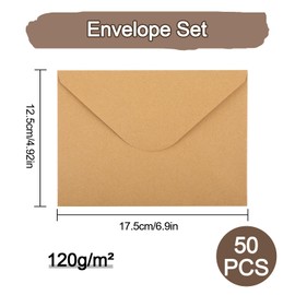Envelopes, Pack of 50 Envelopes with Wet Seal, 120 g/m² Envelope for Greeting Cards, Wedding Invitations, Birthday Cards, Letter Envelope (Brown, 12.5 x 17.5 cm)