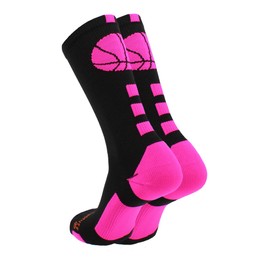 MadSportsStuff Basketball Socks with Basketball Logo Crew Socks (Black/Neon Pink, X-Large)