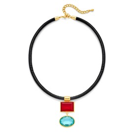 TOVABA Boho Necklaces for Women Vintage Black Leather Cord Choker with Big Red Glass Pendant Chunky Large Colorful Pendant Necklace Statement Jewelry