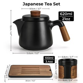 MIAMIO - Japanese/Chinese Tea Set 6 x 3.4 oz/Asian Tea Pot 21 oz with Tea Infuser, Traditional Japanese Tea Cups Set for Tea Lovers/Men/Women (Black)