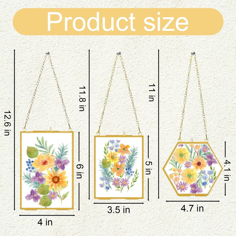 3 pcs Pressed Flowers Glass Frames,Golden Hanging Glass Picture Frames
