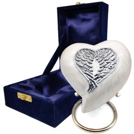 Heart Cremation WHITE Urn for Human Ashes Adult Funeral Decorative Angel Wings Urn for Women and Men Carefully Handcrafted Keepsake Cremation Heart Shaped Urn Comes with Stand & Gift Box (WHITE WING)