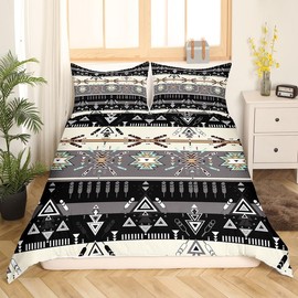 Southwest Tribal Bedding Set Queen Size Western Aztec Pattern Duvet Cover Set 3Pcs,Kids Girls Boys Men Room Decor Rustic Arrow Feather Comforter Cover Vintage Black Grey Quilt Cover,2 Pillowcases