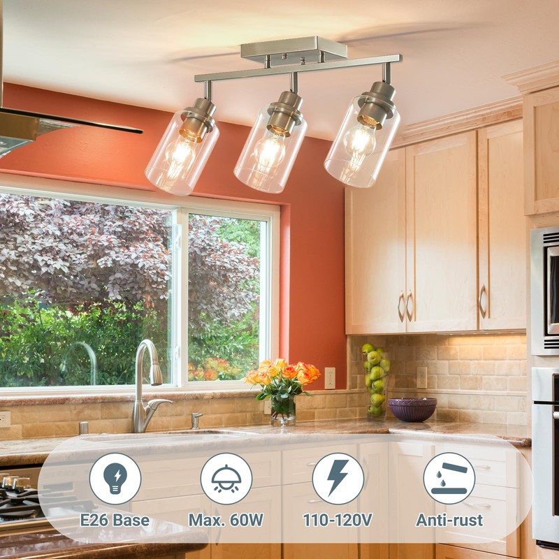 LOUSACE 3-Light Brushed Nickel Track Lighting Kit with Clear Glass,