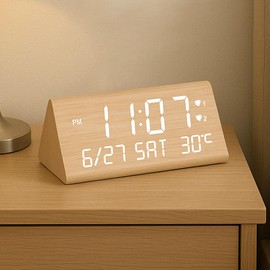 VORRINC Digital Wooden Alarm Clock with 2 Alarms/Date/Weekday/Temperature Display, Adjustable Brightness & Volume, Alarm Clock with Power Connection and 2 USB Charging Ports for Home and Office