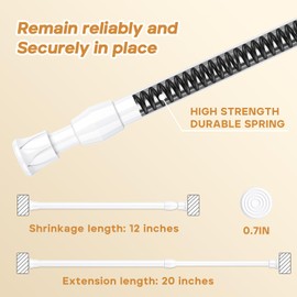ZipGlo 2pcs small Tension Rod 12 to 20 Inch, white Tension Rod Adjustable tension curtain rod No Drill Spring Rod short curtain rod Spring tension Rod mini tension rods spring curtain rod
