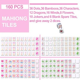 Ceenna American Mahjong Set with Carrying Bag Pink 160 Tiles 4 All-in-one Color Rack Pushers Game Table Mat Plastic Mahjong Coins Complete Ma Jong Game Set