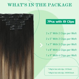 SURNEL Clip-In Remy Real Hair Extensions, 18 Inches / 45 cm, Clip-In Extensions, Real Hair, 7 Pieces, 160 g, 1B/4/27, Black to Brown with Caramel Blonde Balayage, Soft Hair (7C#1B427-18 Inches)