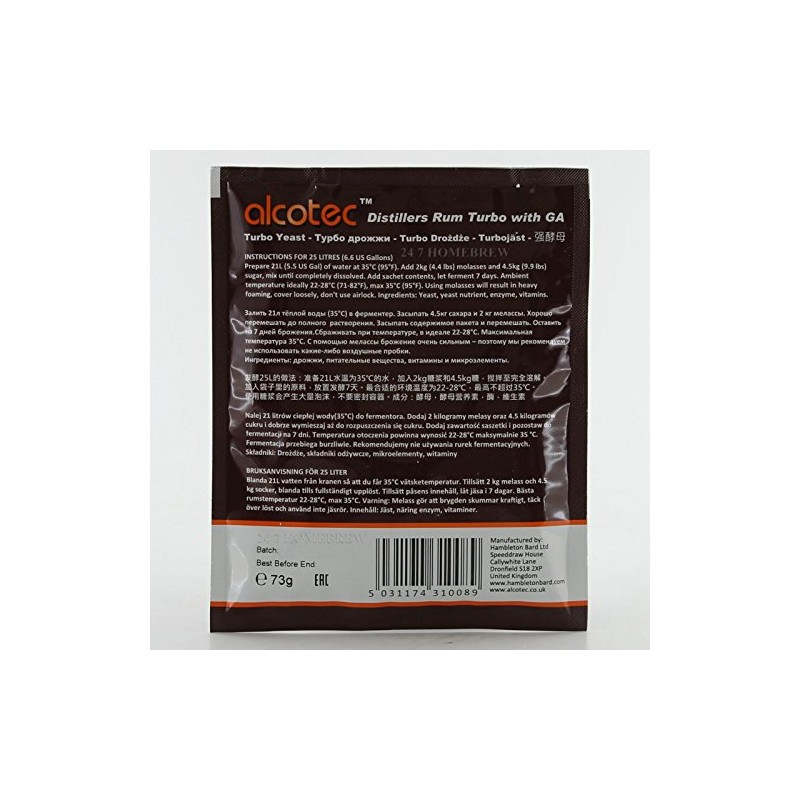 2x Alcotec Distiller’s Yeast Rum with Glucoamylase Enzyme 73g 25L