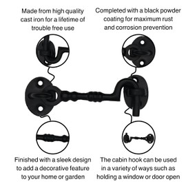 Cabin Hook and Eye Black Cast Iron Heavy Duty 100mm/4 Inch Pack of 2