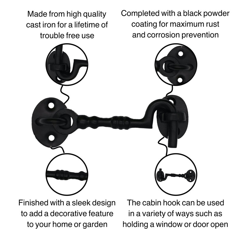 Cabin Hook and Eye Black Cast Iron Heavy Duty 100mm/4