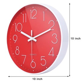 Yoiolclc Wall Clock Battery Operated Non-Ticking Modern Analog Wall Clocks for Kitchen, Bedroom Decor (10 Inch, Red)