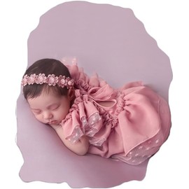 Ylsteed Newborn Photography Outfits Girl Baby Photography Props Lace Romper with Headband Infant Photo Shoot Outfits Photo Props Newborn Girl Photoshoot Outfit-Pink 0-1M