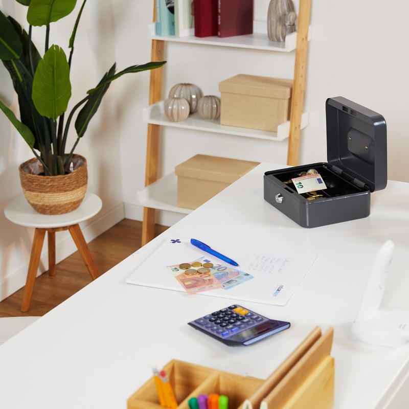 Relaxdays Lockable Cash Box, Removable Insert, 5 Compartments, Iron Cash