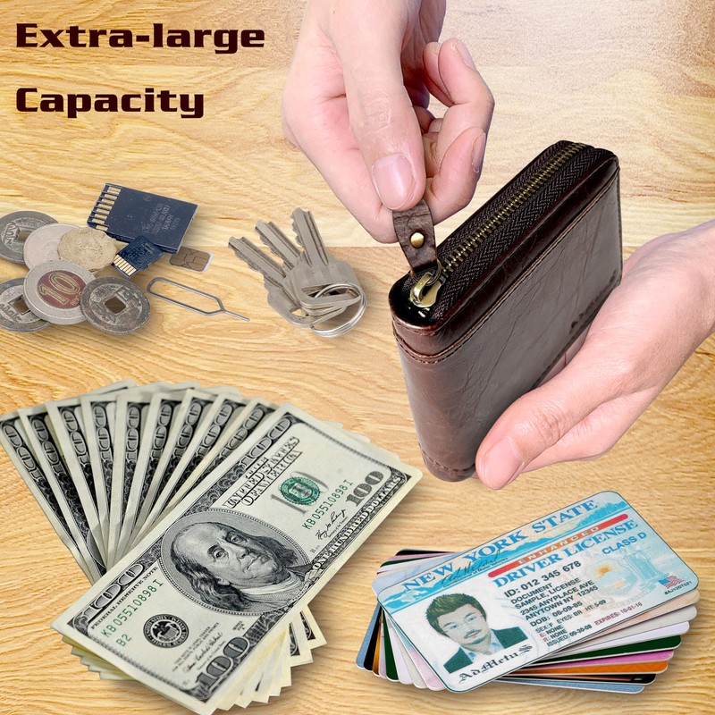 Wallet for Men Bifold Genuine Leather Zipper Wallet RFID Blocking