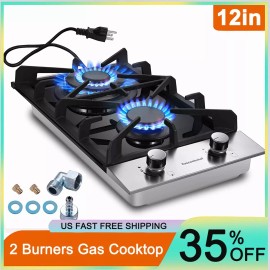 Eascookchef 2-Burners Gas Cooktop 12in Eascookchef Tempered Glass NG/LPG Convertible New