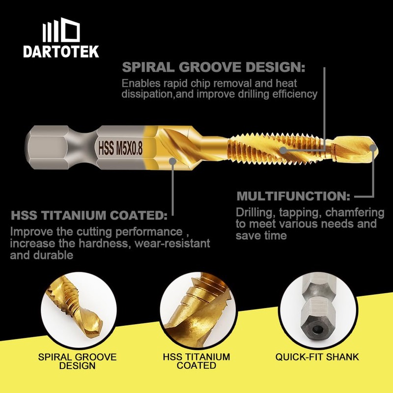 DARTOTEK 6 Pieces Metric Tap Drill Bit Titanium Coated Tap