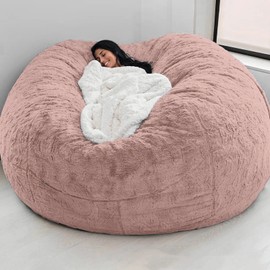 Giant Fur Bean Bag Chair Cover for Kids Adults, (No Filler) Living Room Furniture Big Round Soft Fluffy Faux Fur Beanbag Lazy Sofa Bed Cover (Light Pink, 6FT)