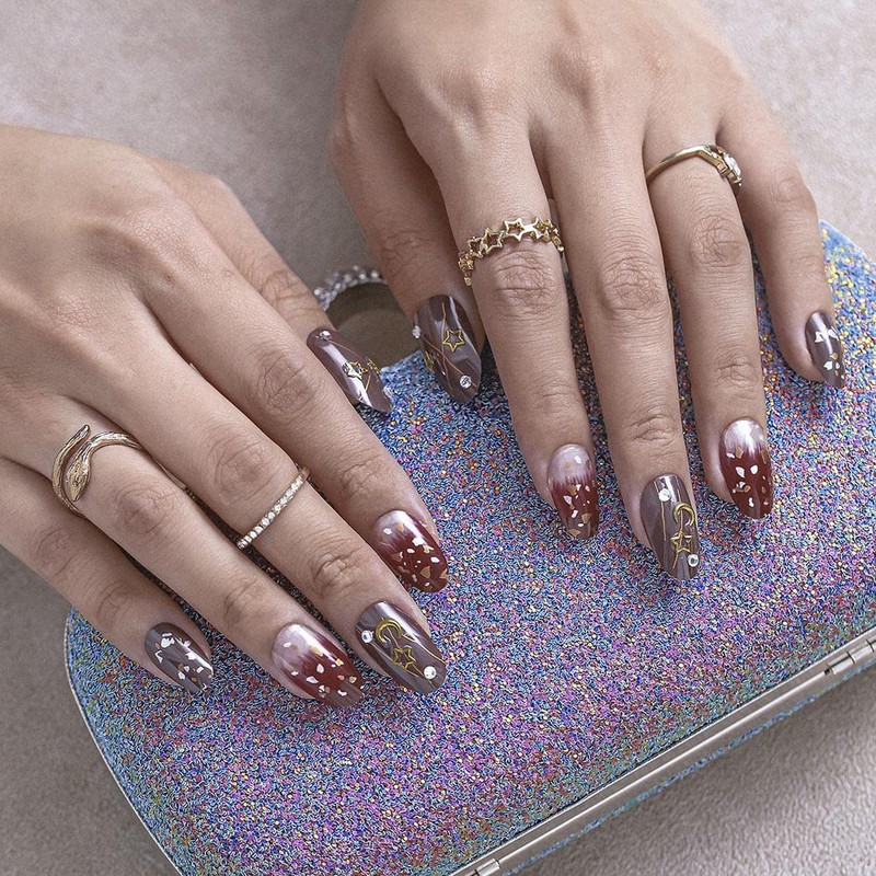 Sethexy Shiny Oval False Nails Chic Moon Star Sparkle Wine