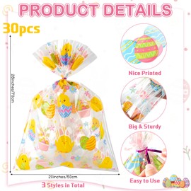 Cholemy 30 Pcs Easter Large Cellophane Gift Basket Bags Bulk 19.7" x 27.6" Easter Bunny Eggs Chick Gift Wrap Jumbo Holiday Plastic Goody Bags with 100 Twist Ties for Present Crafts Party Favors