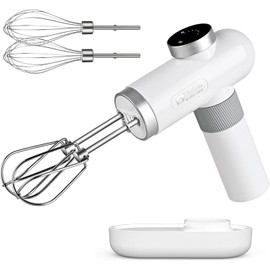 Kitchen in the box Cordless Rechargeable Handheld Mixer for Kitchen, Portable Electric Kitchen Mixer with Beaters, Whisks, 6-Speed Digital Display, Charging Base and USB-C Charge Cable (Pearl White)