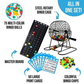 Regal Bingo Deluxe Game Set for Adults and Kids - Includes 8 Inch Wheel Cage, 75 Balls, Master Board, 50 Cards and Colorful Chips - Fun Family Game Night