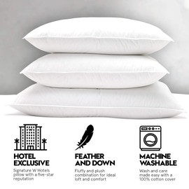 W Hotels Feather & Down Pillow - Plush, High-Loft Feather and Down Pillow with Cotton Down-Proof Cover - Medium to Firm Support - Queen (20" x 30")